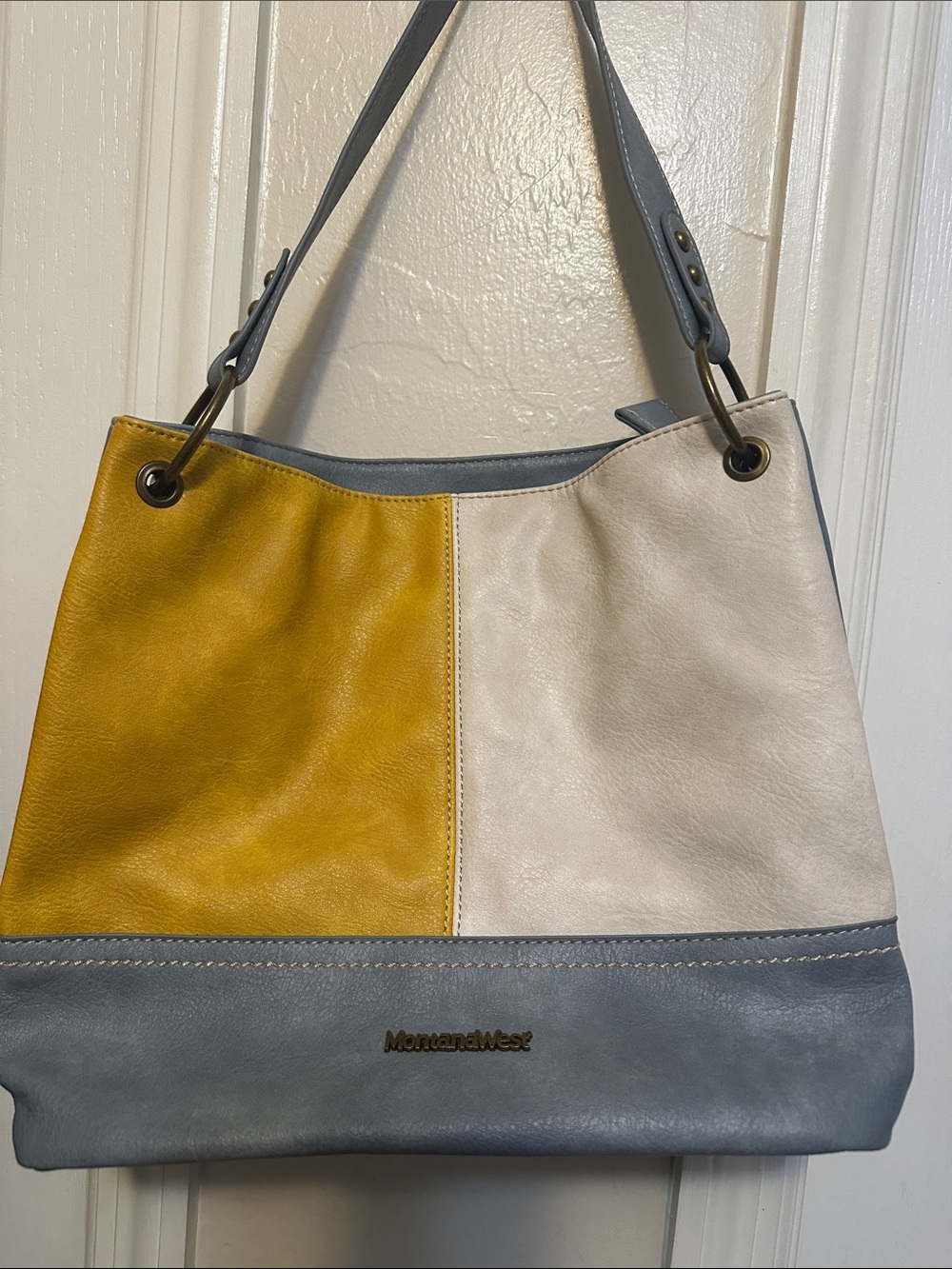 Montana West Colorblock Shoulder Bag in Mustard, Cream & Gray-Blue
